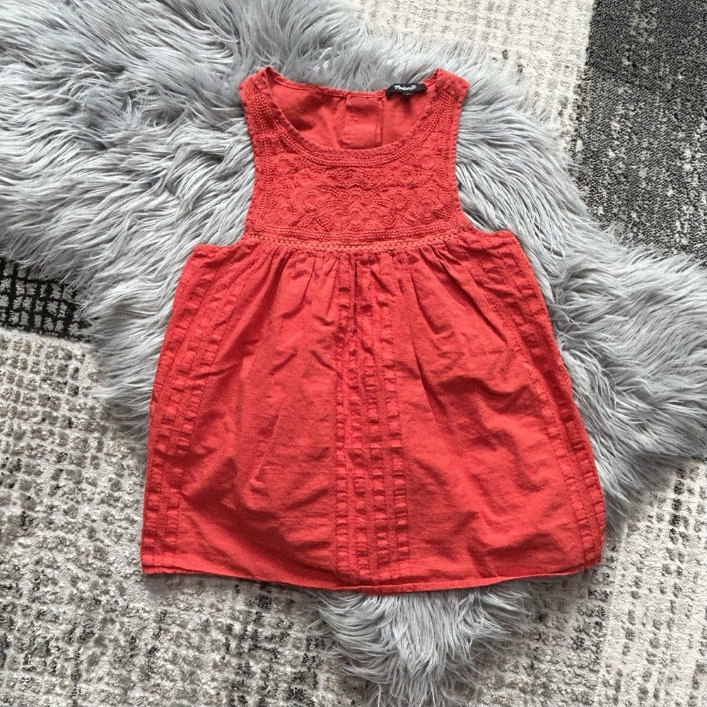 Madewell Sleeveless Top Red Orange Embroidered Swing Tank Button Back WMS Sz XS‎